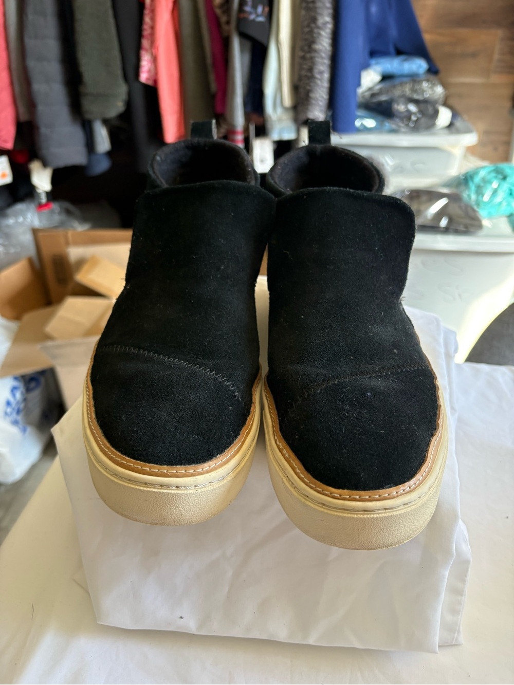 Toms Black Suede Slip-On Loafers with Tan Sole